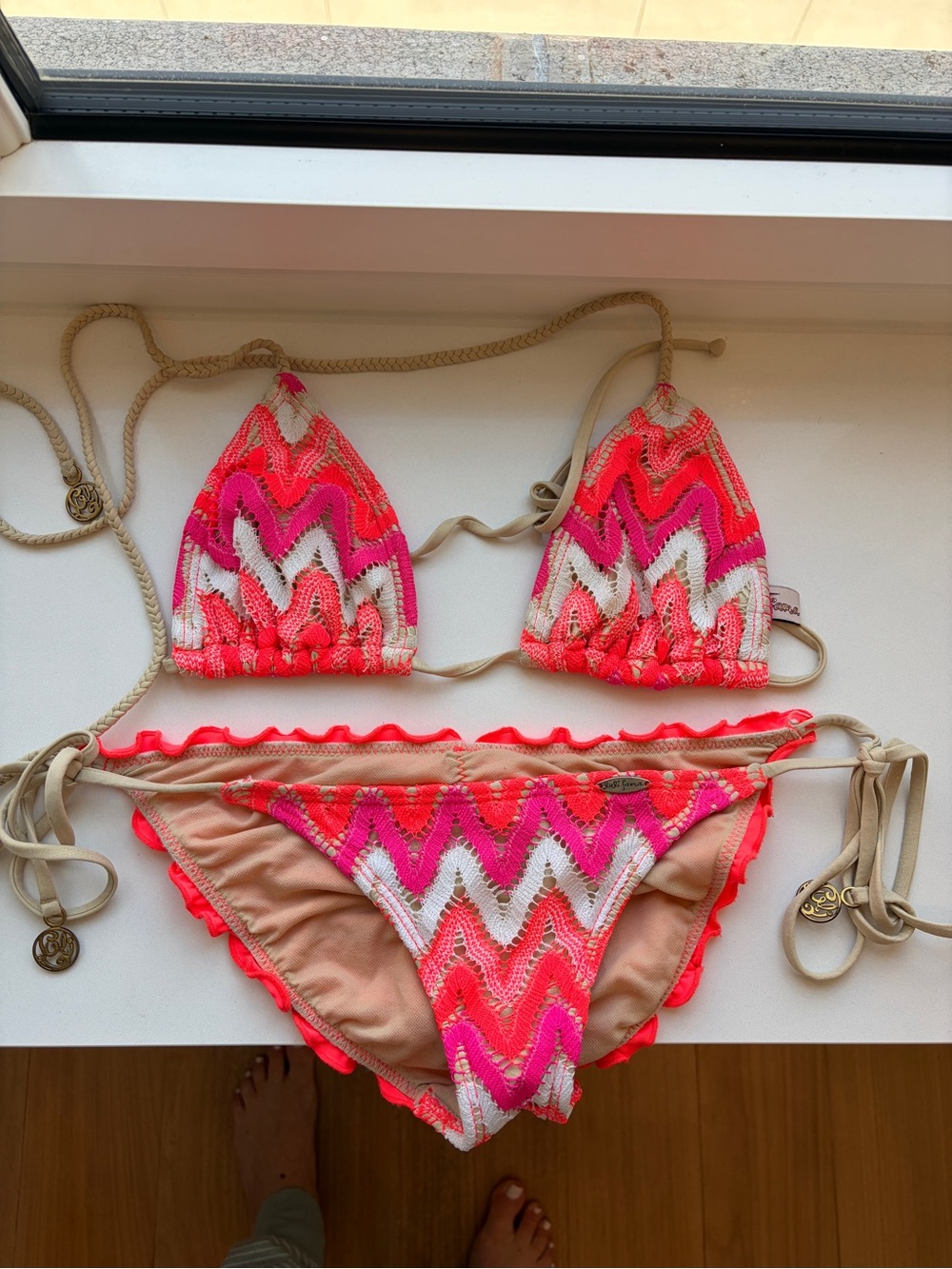 Luli Fama Neon Pink, Hot Pink & Beige Crochet Triangle Bikini